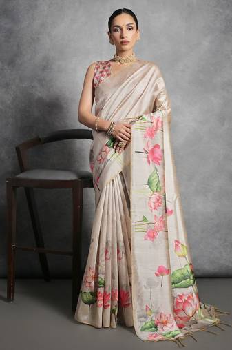 Floral Printed Zari Tussar Saree With Tassels