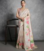 Floral Printed Zari Tussar Saree With Tassels