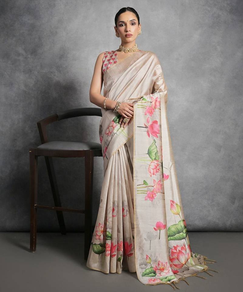 Floral Printed Zari Tussar Saree With Tassels