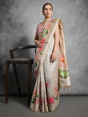 Floral Printed Zari Tussar Saree With Tassels 2