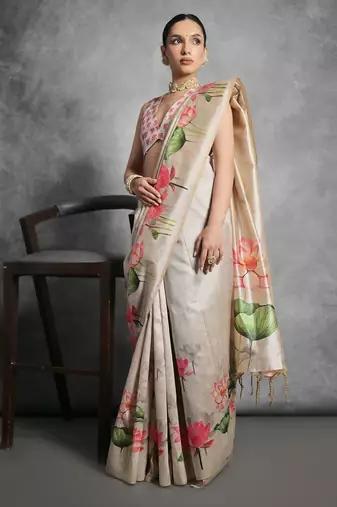 Floral Printed Zari Tussar Saree With Tassels