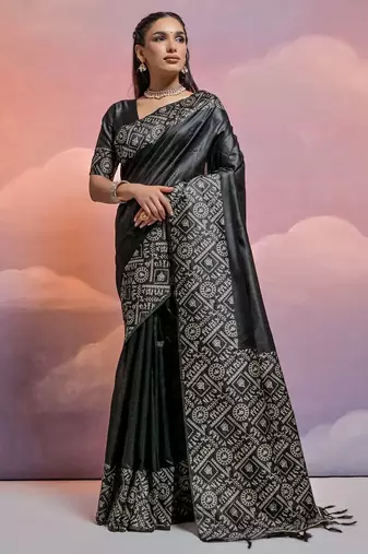 Woven Design Warli Printed Bhagalpuri Saree With Tassels