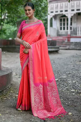 Woven Design Ethnic Motifs Zari Banarasi Saree With Tassels