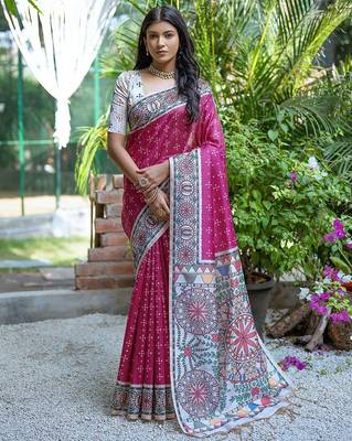 Woven Design Ethnic Motifs Printed Tussar Saree With Tassels 1