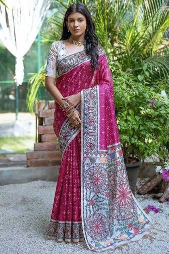 Woven Design Ethnic Motifs Printed Tussar Saree With Tassels