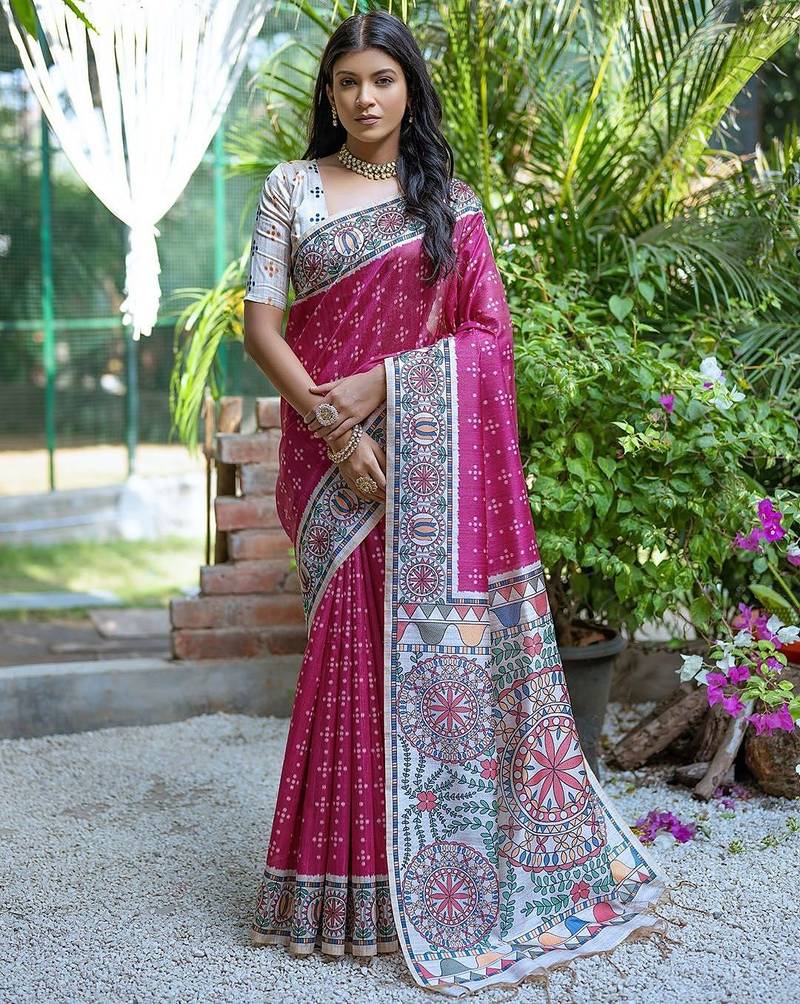 Woven Design Ethnic Motifs Printed Tussar Saree With Tassels