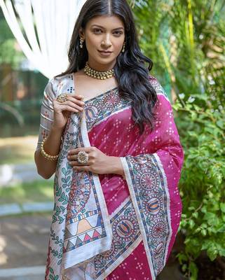 Woven Design Ethnic Motifs Printed Tussar Saree With Tassels 2