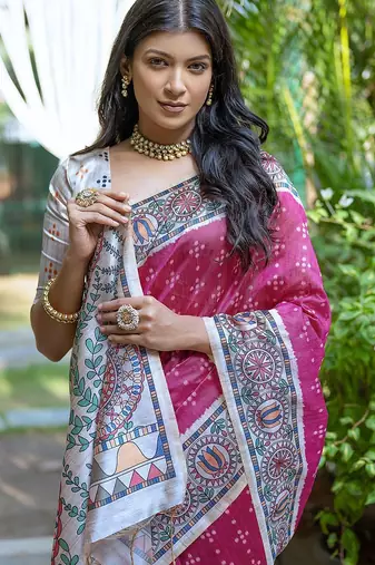 Woven Design Ethnic Motifs Printed Tussar Saree With Tassels