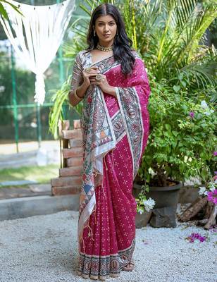 Woven Design Ethnic Motifs Printed Tussar Saree With Tassels 3