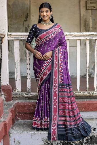 Ajrak Printed Ikat Saree