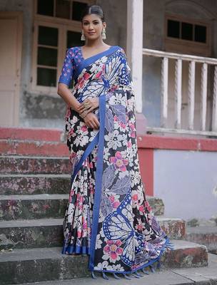 Floral Printed Zari Jamdani Saree With Tassels 1