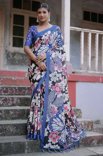 Floral Printed Zari Jamdani Saree With Tassels