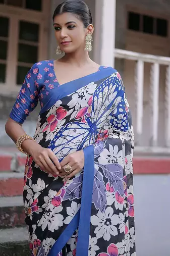 Floral Printed Zari Jamdani Saree With Tassels