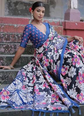 Floral Printed Zari Jamdani Saree With Tassels 3