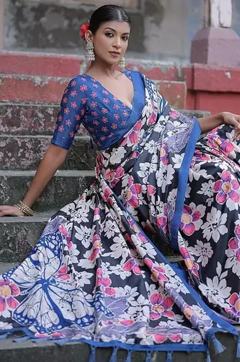 Floral Printed Zari Jamdani Saree With Tassels