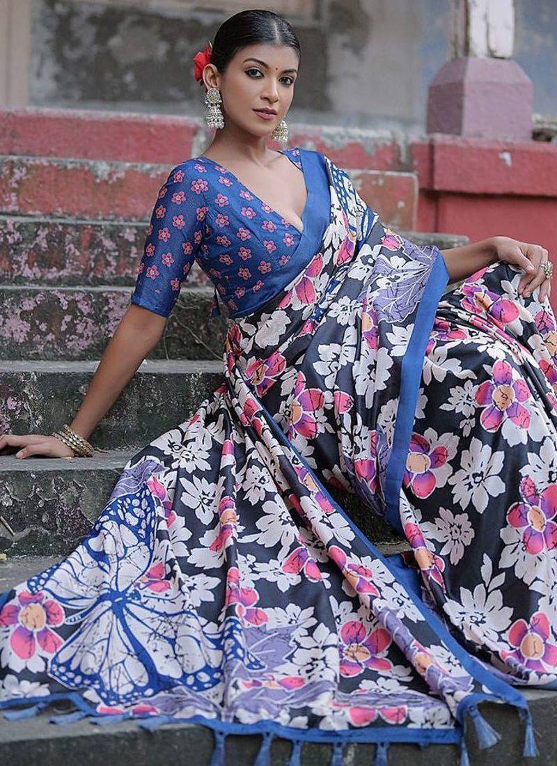 Floral Printed Zari Jamdani Saree With Tassels