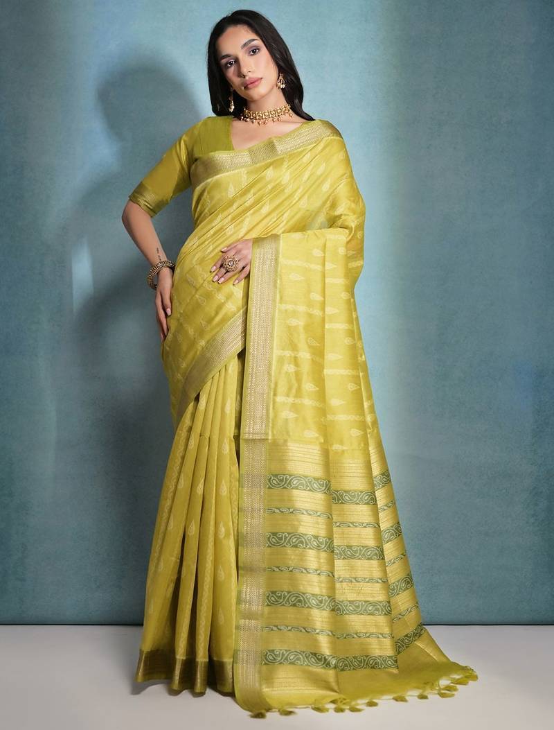 Woven Design Ethnic Motifs Zari Bhagalpuri Saree With Tassels