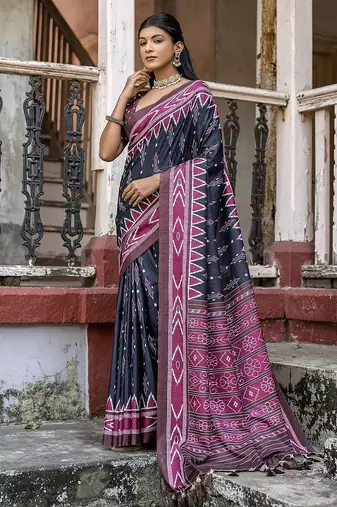 Ajrak Block Silk Cotton Ikat Saree