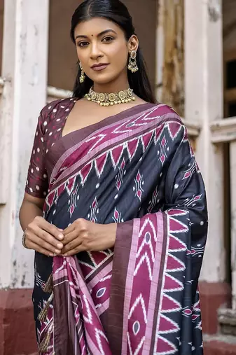 Ajrak Block Silk Cotton Ikat Saree