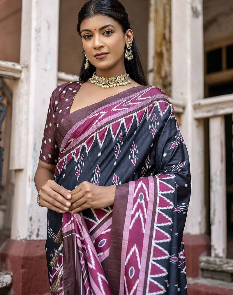 Ajrak Block Silk Cotton Ikat Saree