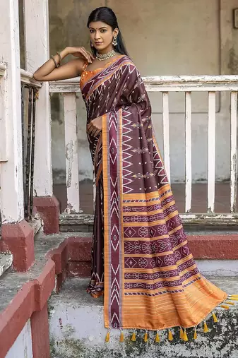 Ajrak Block Silk Cotton Ikat Saree