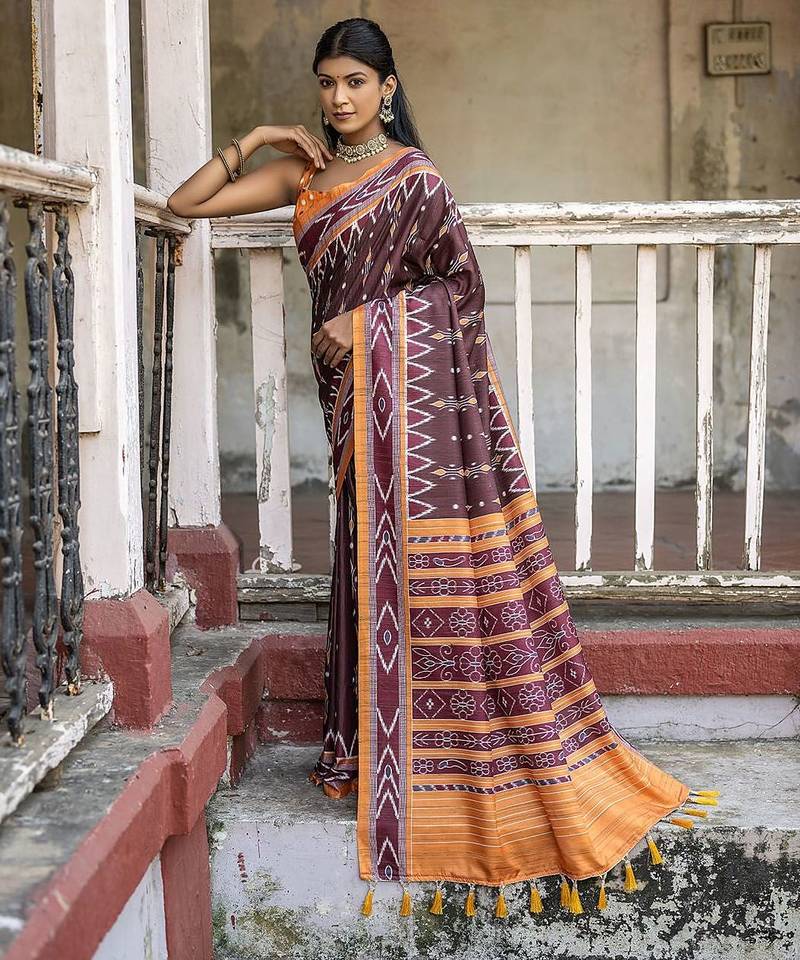 Ajrak Block Silk Cotton Ikat Saree
