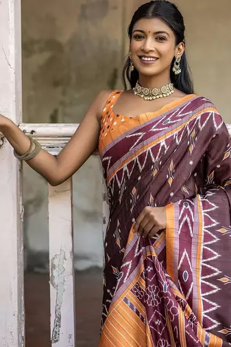 Ajrak Block Silk Cotton Ikat Saree