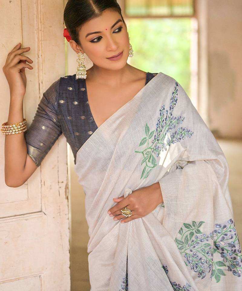 Ethnic Motifs Embroidered Pure Cotton Muga Saree