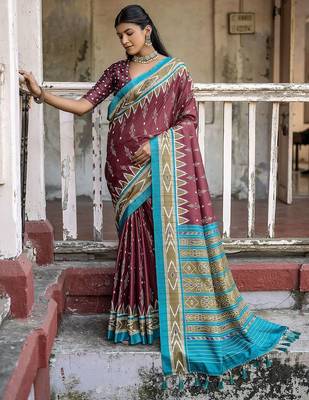 Woven Design Ajrak Printed Zari Ikat Saree With Tassels 1