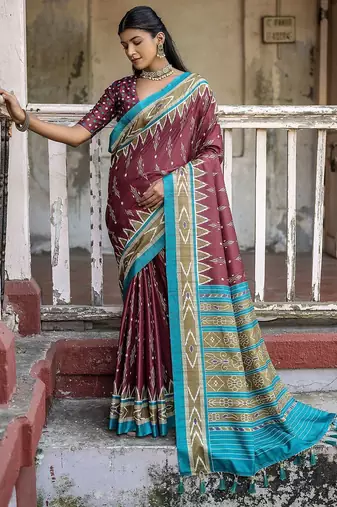 Woven Design Ajrak Printed Zari Ikat Saree With Tassels