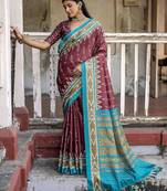 Woven Design Ajrak Printed Zari Ikat Saree With Tassels