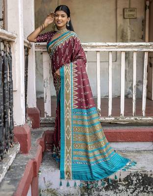 Woven Design Ajrak Printed Zari Ikat Saree With Tassels 2