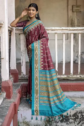 Woven Design Ajrak Printed Zari Ikat Saree With Tassels