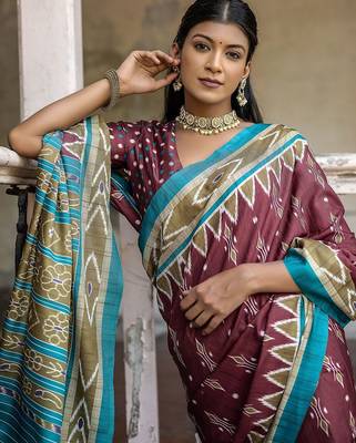 Woven Design Ajrak Printed Zari Ikat Saree With Tassels 3