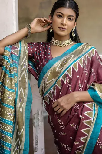 Woven Design Ajrak Printed Zari Ikat Saree With Tassels