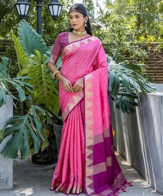 Woven Design Polka Dot Zari Bhagalpuri Saree With Tassels 2