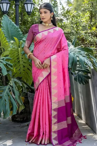 Woven Design Polka Dot Zari Bhagalpuri Saree With Tassels