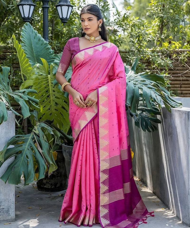 Woven Design Polka Dot Zari Bhagalpuri Saree With Tassels