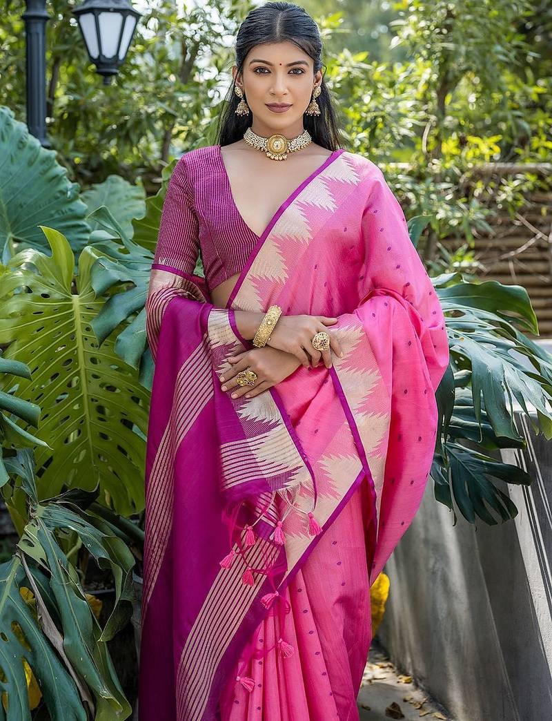 Woven Design Polka Dot Zari Bhagalpuri Saree With Tassels