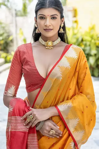 Woven Design Bandhani Zari Bhagalpuri Saree With Tassels
