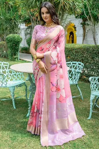 Floral Printed Zari Silk Cotton Jamdani Saree
