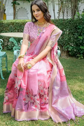 Floral Printed Zari Silk Cotton Jamdani Saree