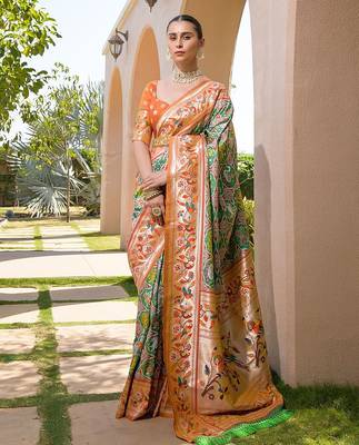 Ethnic Motifs Woven Design Zari Detail Art Silk Paithani Saree 1