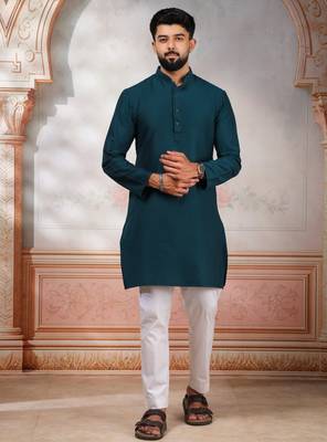 Teal woven fancy kurta payjama for men 1