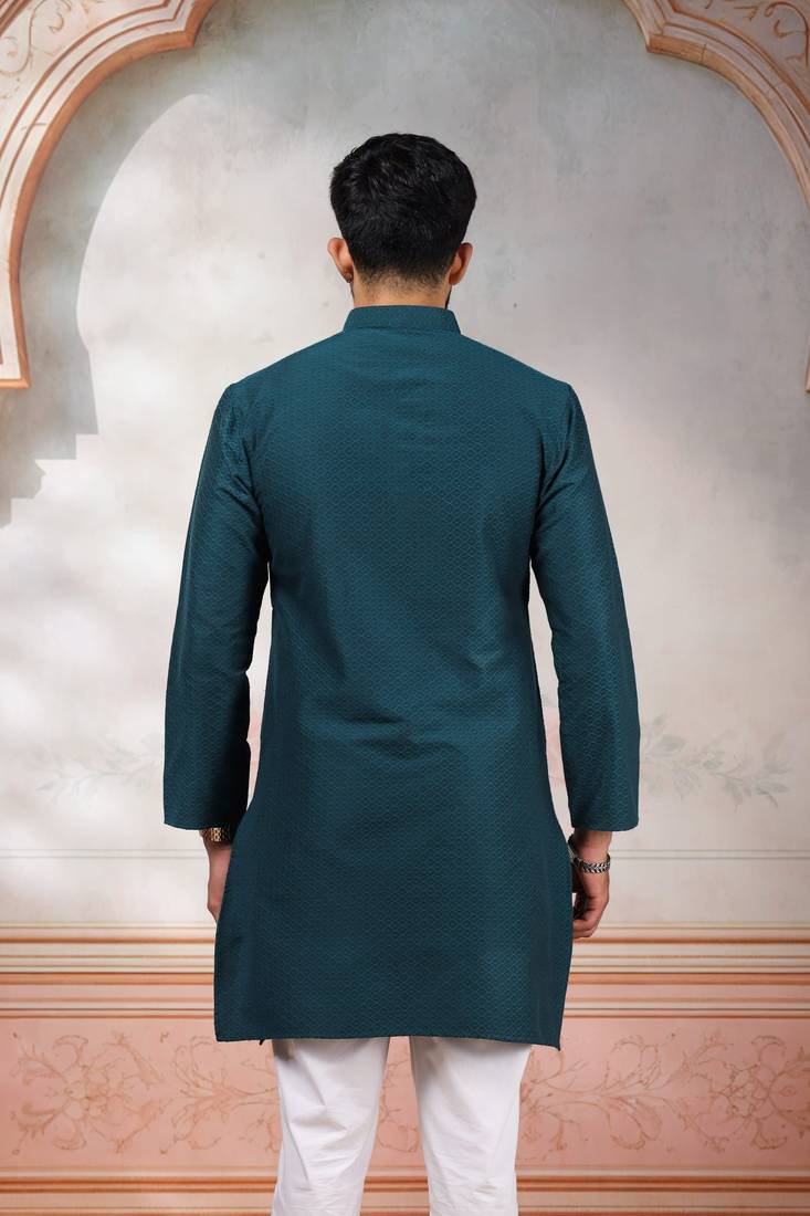 Teal woven fancy kurta payjama for men