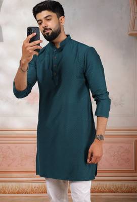 Teal woven fancy kurta payjama for men 3