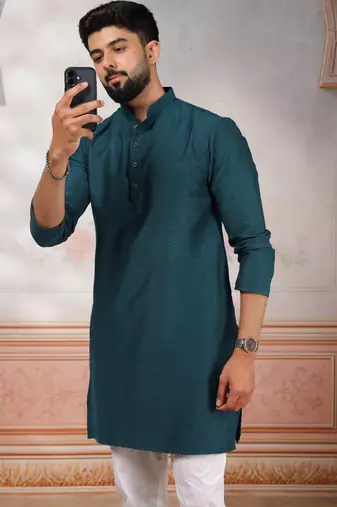 Teal woven fancy kurta payjama for men