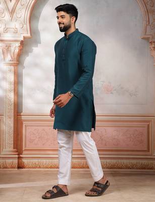 Teal woven fancy kurta payjama for men 4