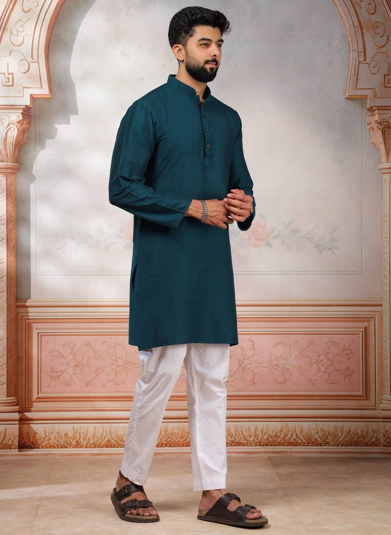 Teal woven fancy kurta payjama for men