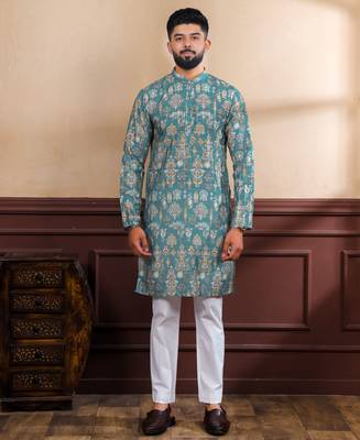 Teal color smart printed ethnic kurta payjama for ceremonial looks 1